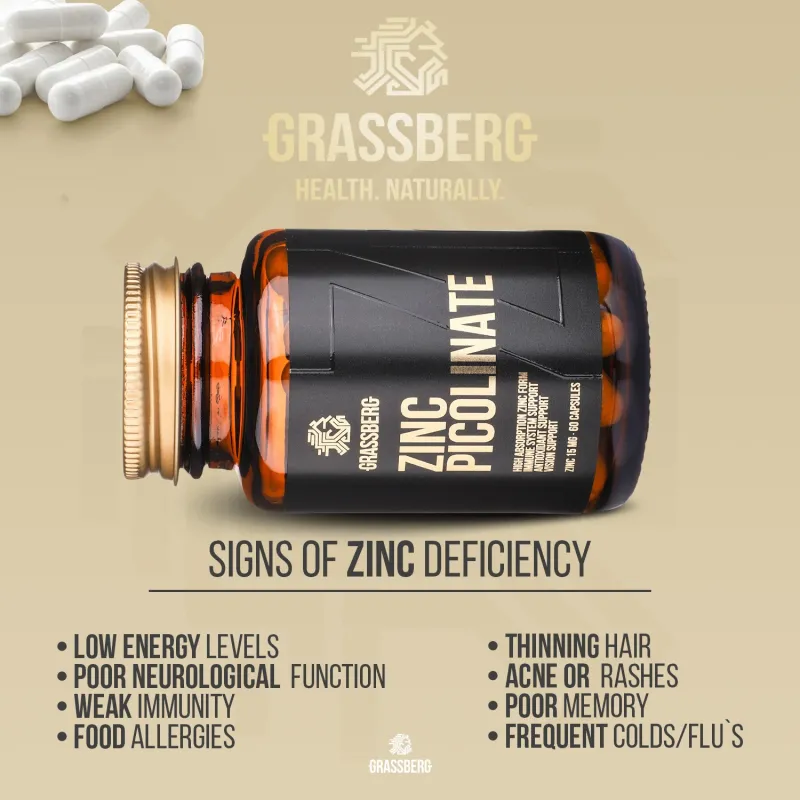 Grassberg Zinc Picolinate 15mg - High Absorption - Цинк