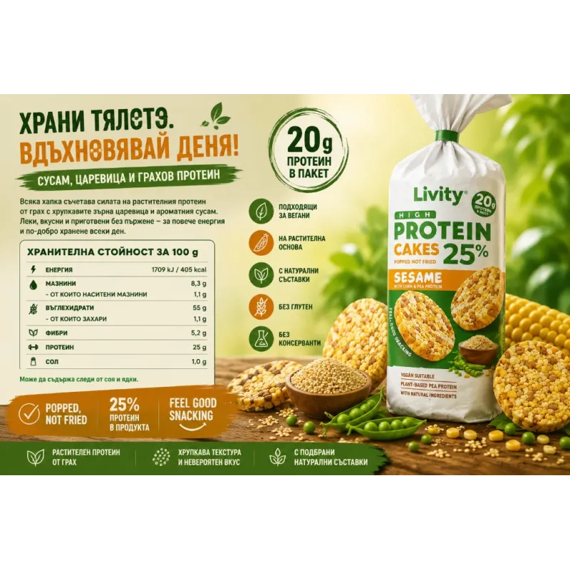 Livity High Protein Cakes Sesame | Високопротеинови оризови питки със сусам