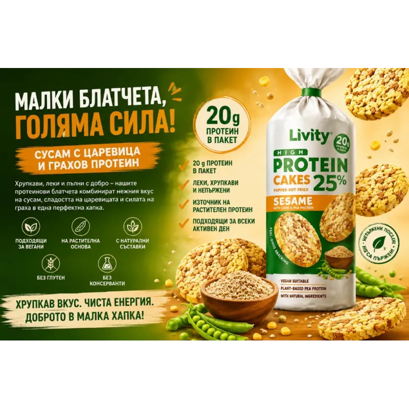 Livity High Protein Cakes Sesame | Високопротеинови оризови питки със сусам