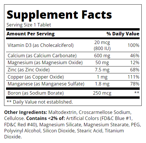Съдържание на 21st Century Calcium 600+D3 Plus Minerals 120 tabs