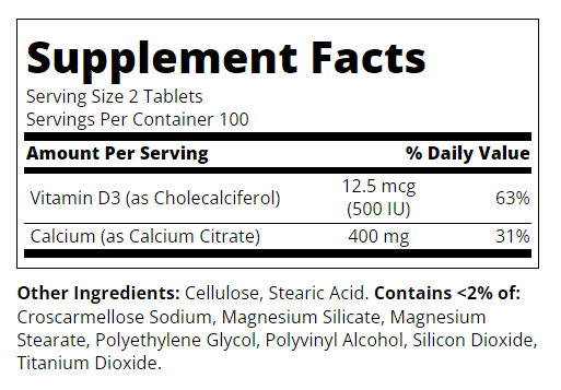 Съдържание на 21st Century Calcium Citrate Petites + D3 200 tabs