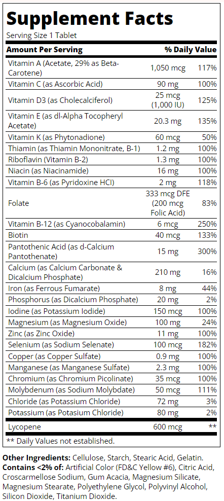 Съдържание на 21st Century Sentry Men Multivitamin & Multimineral 120 tabs