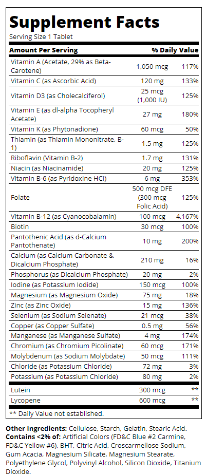Съдържание на 21st Century Sentry Senior Men`s 50+ Multivitamin & Multimineral 100 tabs
