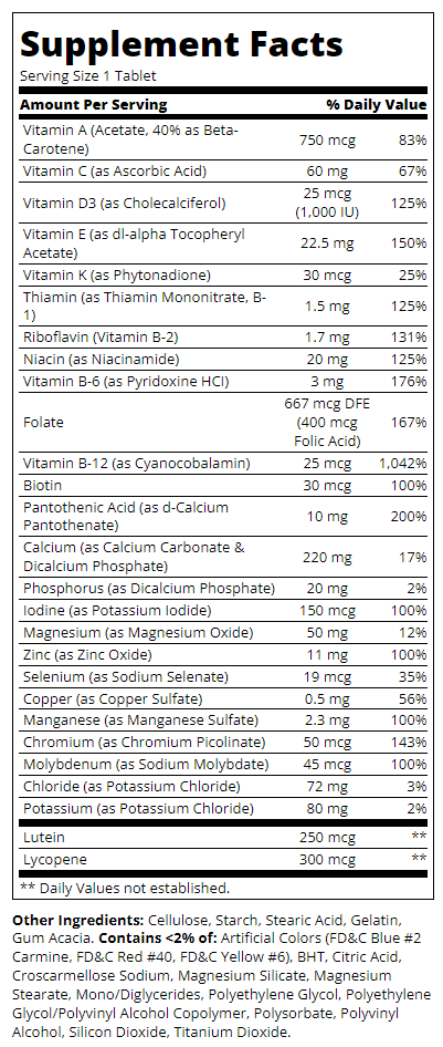 Съдържание на 21st Century Sentry Senior Multivitamin & Multimineral
