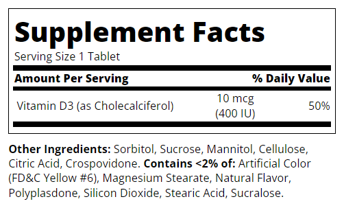 Съдържание на 21st Century Vitamin D3 10mcg (400IU) 110 chew