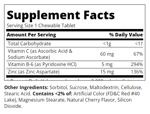 Съдържание на 21st Century Zinc +Vitamins C & B-6 90 chew - cherry