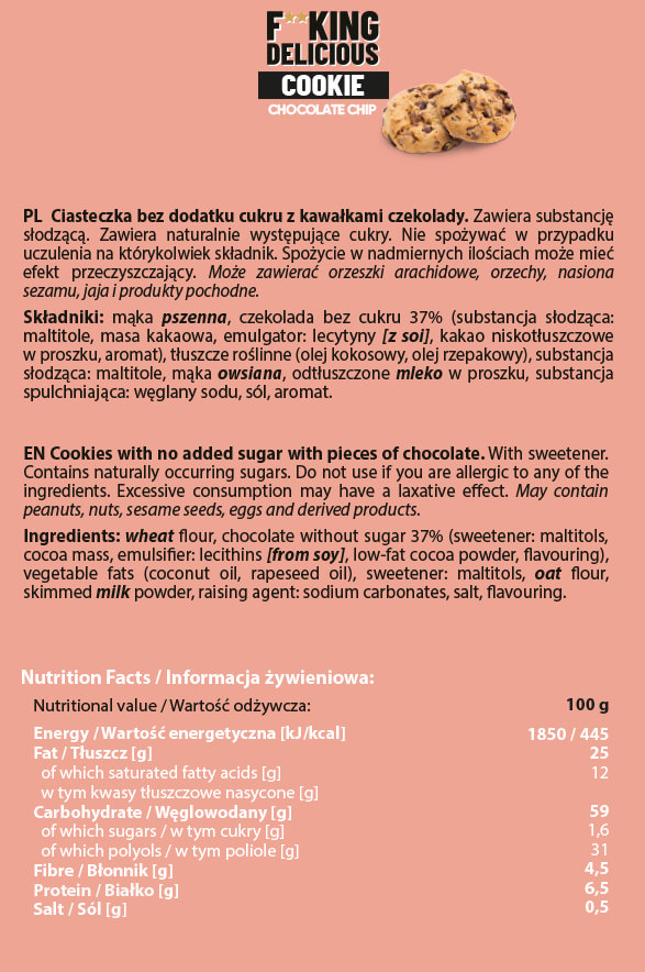 Съдържание на AllNutrition F**King Delicious Cookie - Chocolate Chip
