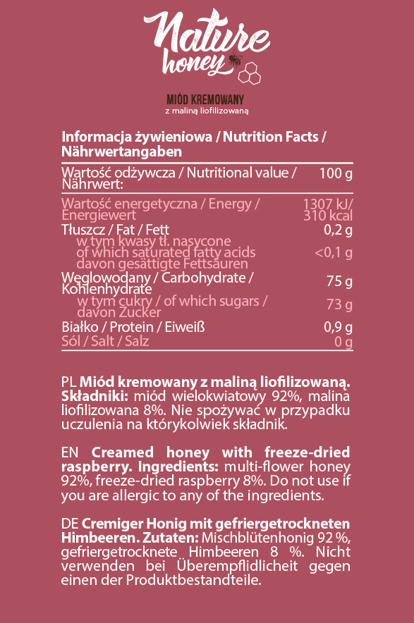 Съдържание на AllNutrition Nature Honey with Raspberry