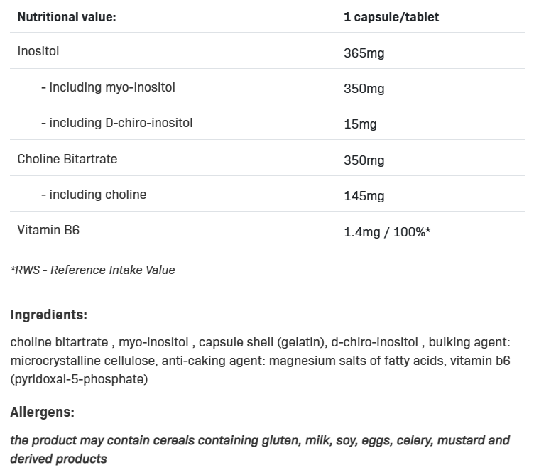 Съдържание на Allnutrition Inositol + Choline + B6 (P-5-p) 100 caps
