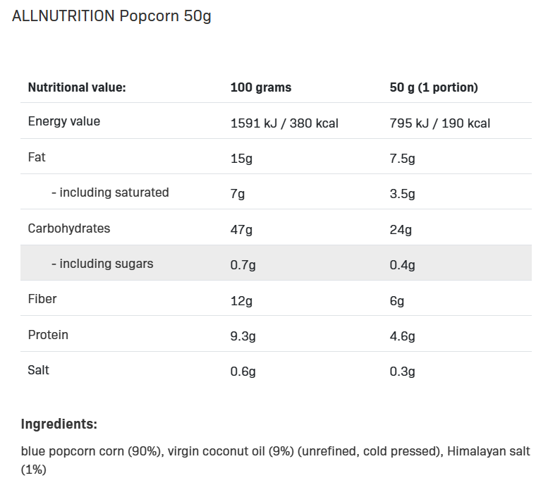 Съдържание на AllNutrition Popcorn 50g