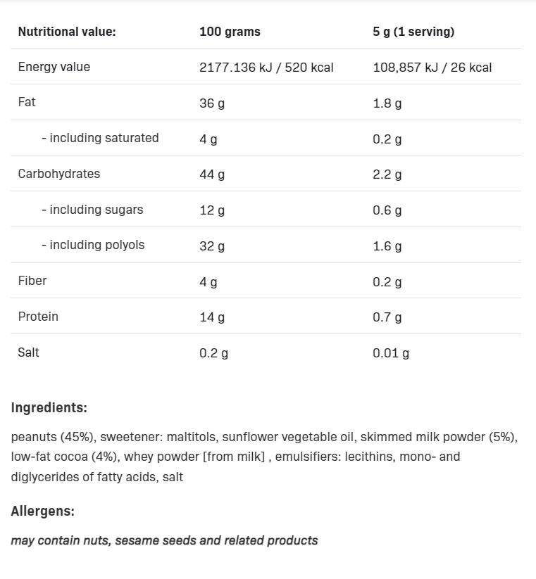 Съдържание на AllNutrition NutLove Sauce 280g Crunch