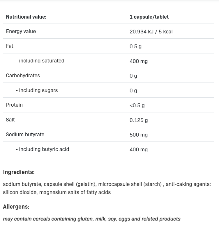 Съдържание на AllNutrition Sodium Butyrate 500mg 100 caps