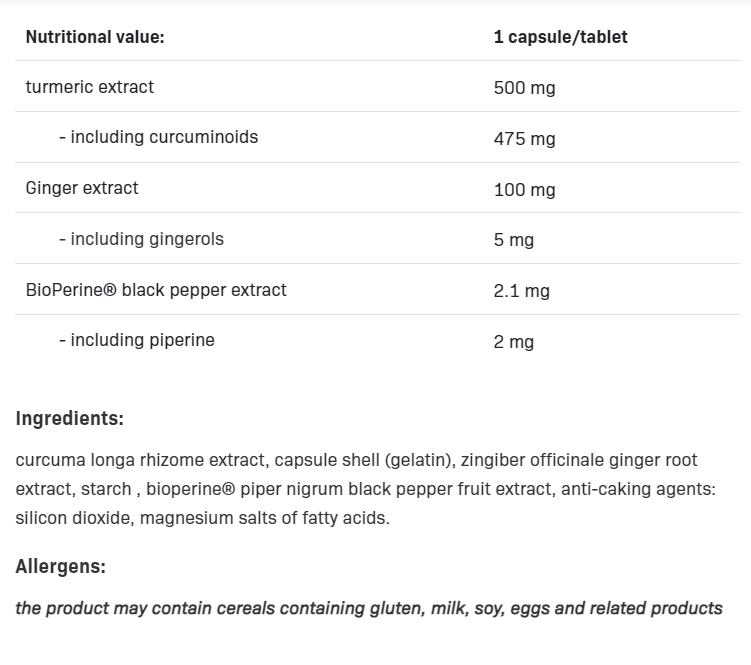 Съдържание на AllNutrition Curcumin + Ginger + Piperine 100 caps