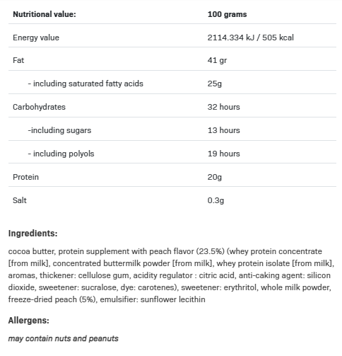 Съдържание на AllNutrition Protein Chocolate 100g Crispy Peach