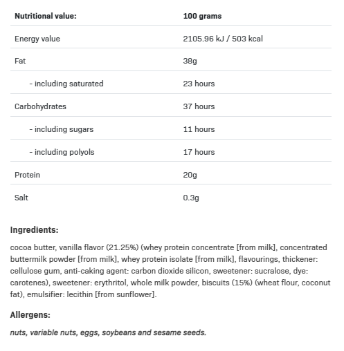 Съдържание на AllNutrition Protein Chocolate 100g Crispy Vanilla with Biscuits