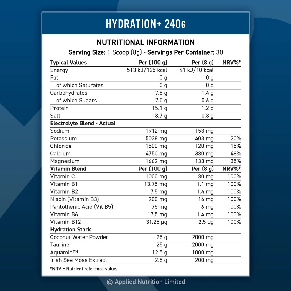 Съдържание на Applied Nutrition Hydration+ - Complete Electrolyte & Vitamin Powder 240g
