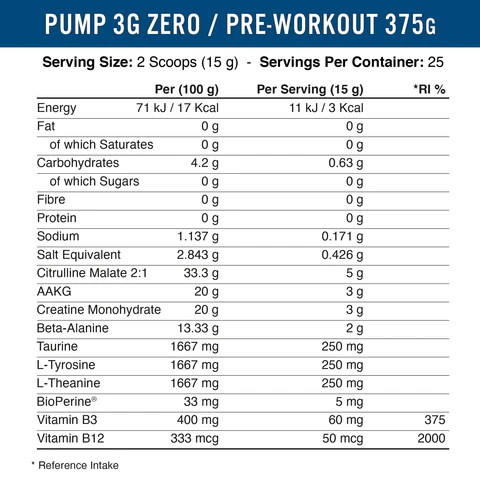 Съдържание на Applied Nutrition Pump 3G Zero-Stim Pre-Workout 375g