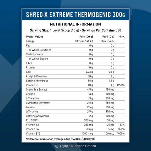 Съдържание на Applied Nutrition Shred-X Extreme Termogenic Fat Burner 300g