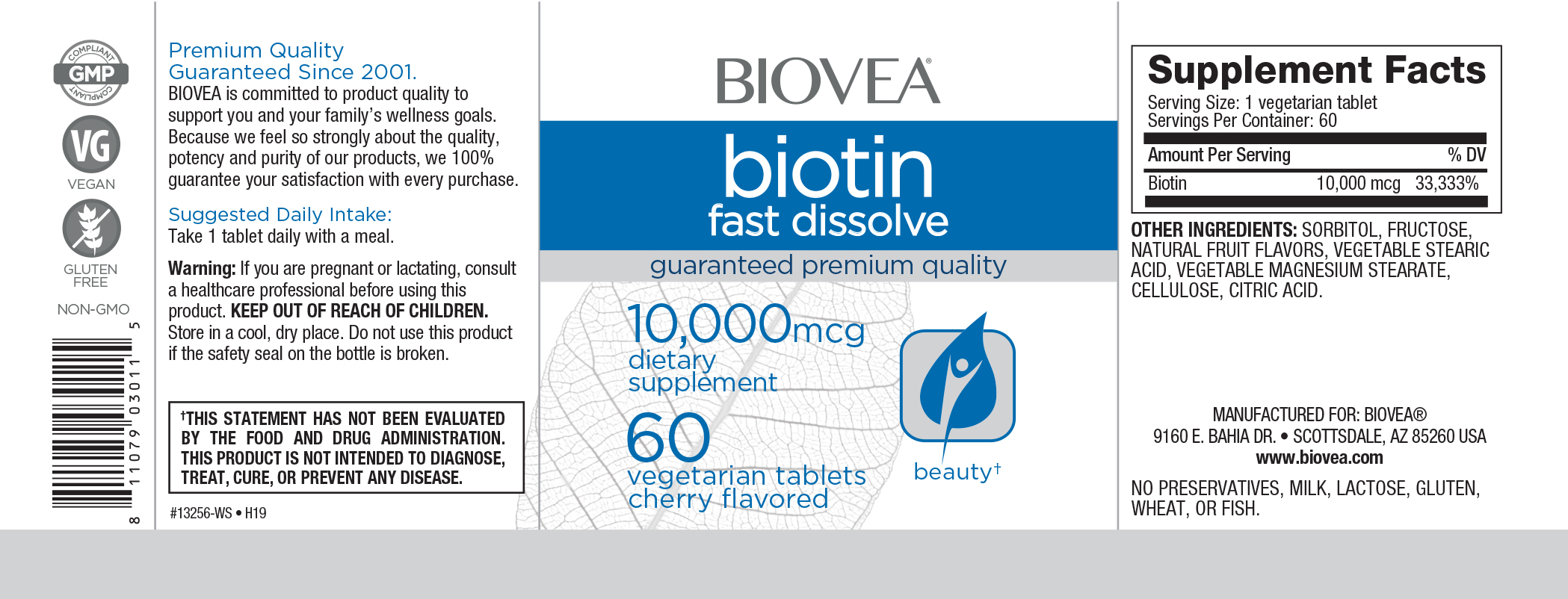 Съдържание на Biovea Biotin 10K Fast Dissolve 60 tabs Cherry