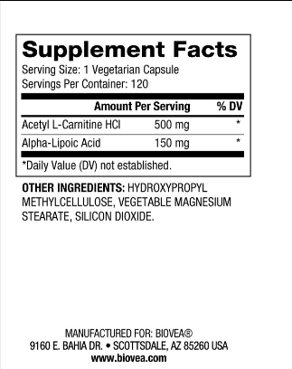 Съдържание на Biovea Acetyl L-Carnitine + Alpha Lipoic Acid
