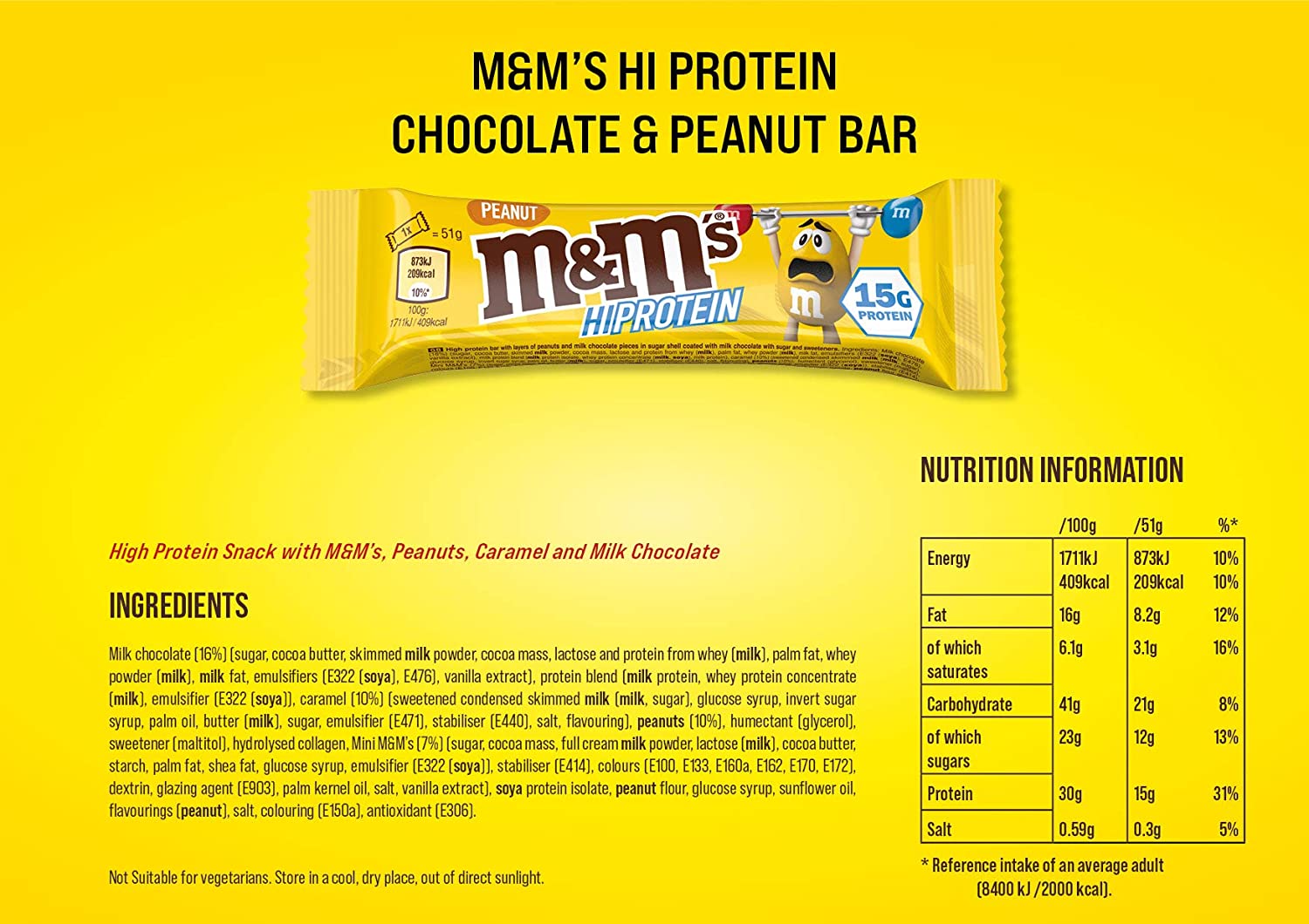 Съдържание на M&M's Hi Protein Bar 51g Peanut