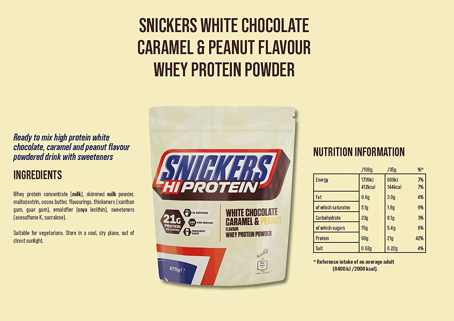 Съдържание на Snickers Hi Protein 875g White Chocolate Caramel and Peanut
