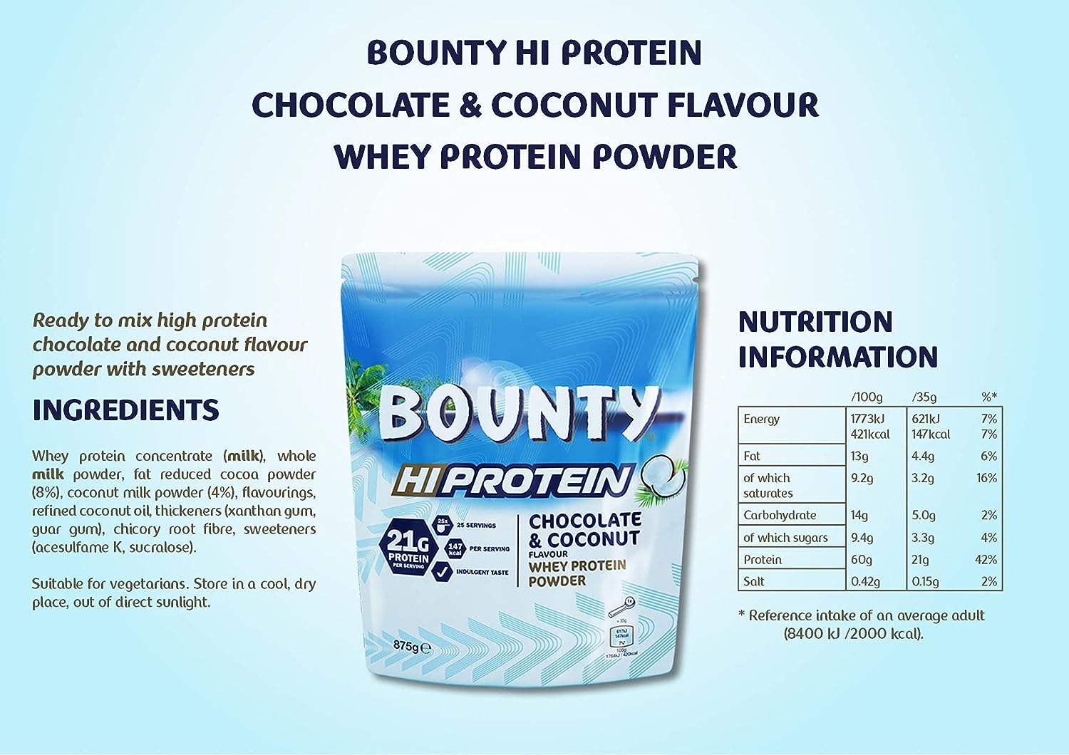 Съдържание на Mars Protein Bounty Hi Protein 875g Coconut