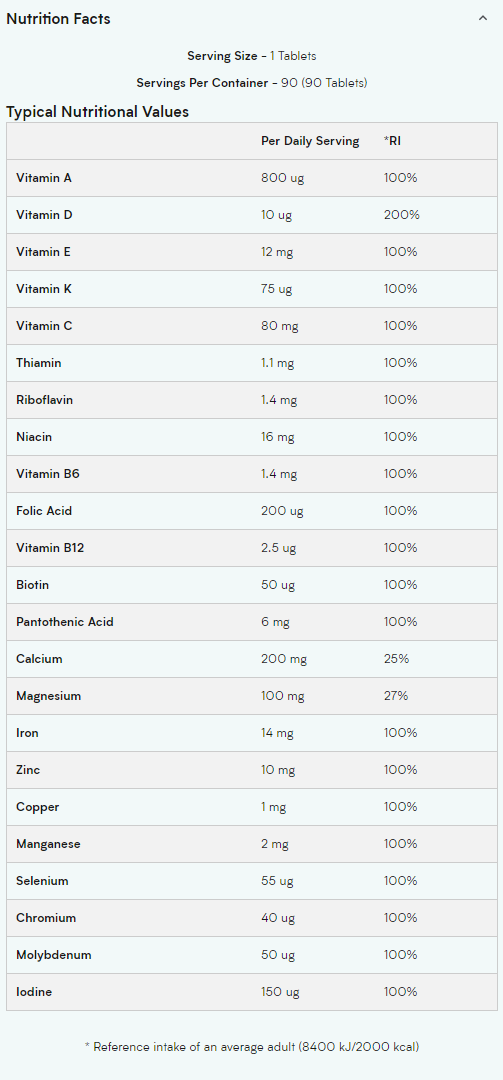 Съдържание на Myprotein A-Z Multivitamin 90 tabs 2
