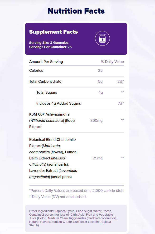 Съдържание на Natrol Soothing Night Gummies + Ashwagandha KSM-66 50 gummies