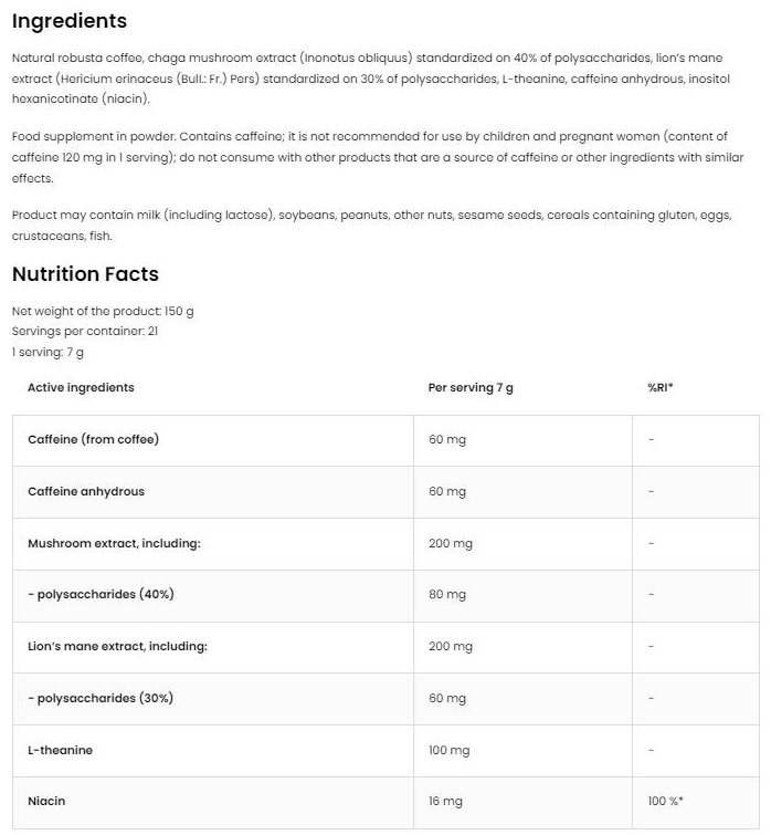 OstroVit Coffee with Mushroom Natural Robusta with Chaga, Lion's Mane, Caffeine & L-Theanine - Инстантно Кафе с Адаптогени