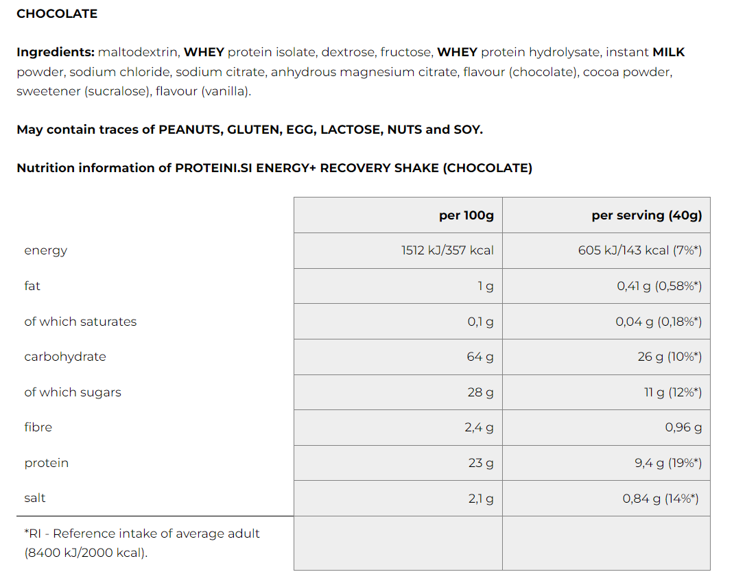 Съдържание на Proteini.si Energy+ Recovery Shake 320g