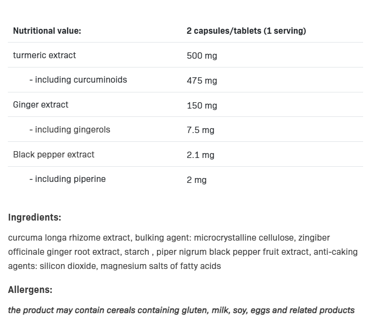 Съдържание на SFD Curcumin + Ginger + Piperine 180 tabs